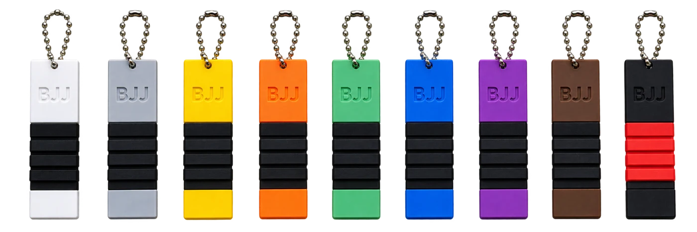 Nine complete BJJ belt keychains: white, gray, yellow, orange, green, blue, purple, brown and black