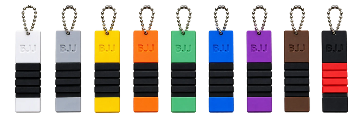 Nine BJJ belt keychain colors, including black